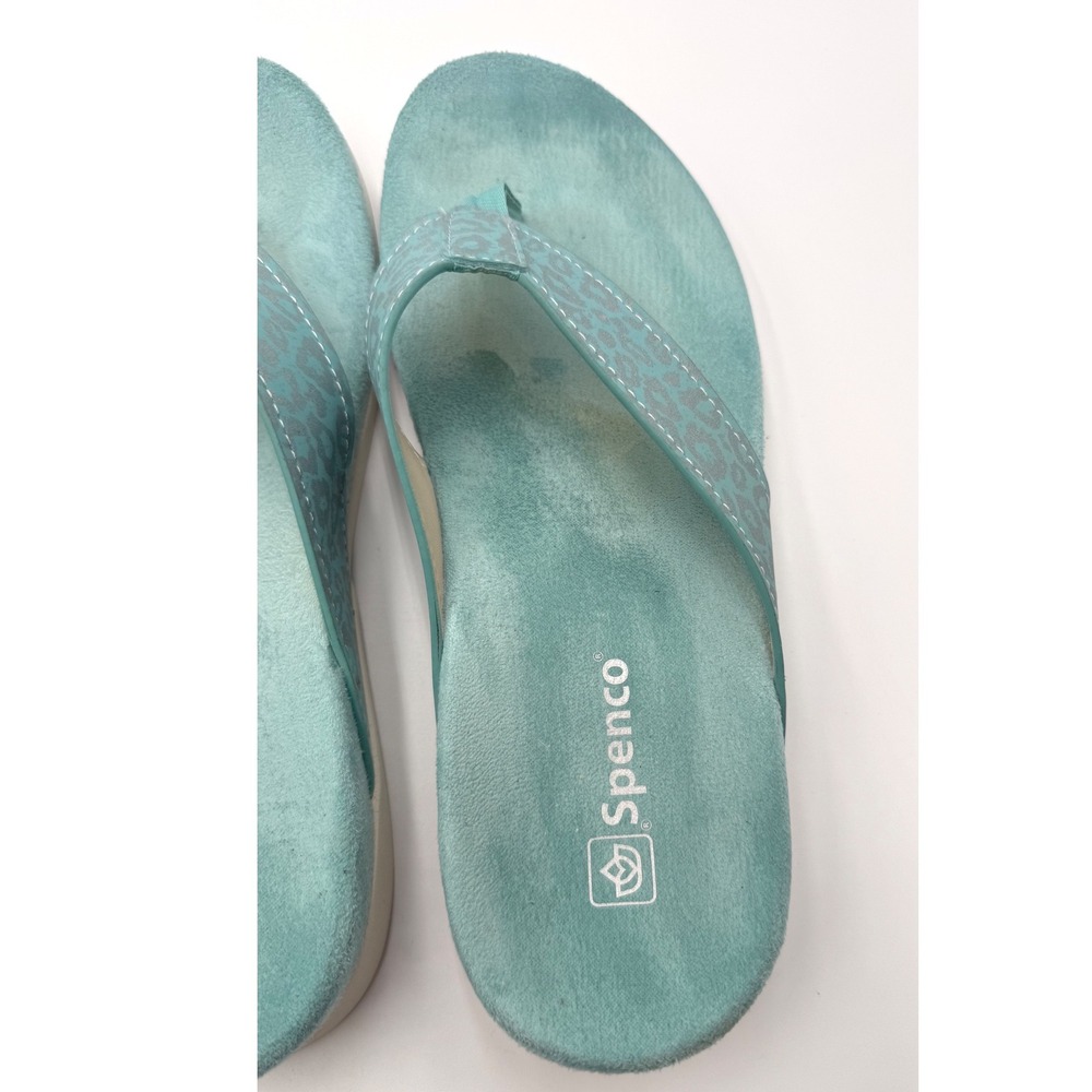 Spenco Womens Aqua Blue Leopard Print Orthotic Thong Sandals Flip Flops Size 8.5 - Picture 2 of 8